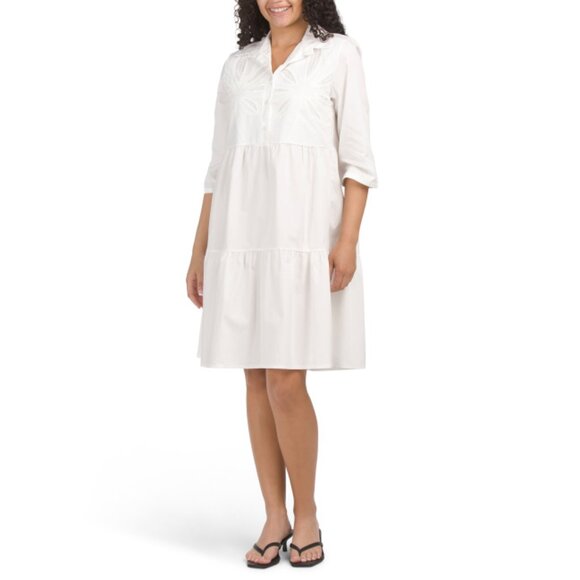 BLUE NAVY  Italy Three-quarter Sleeve Palm Embroidered Mini Shirt Dress - Picture 1 of 2